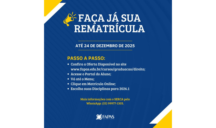 Rematrículas 2026.1 já estão abertas na FAPAS